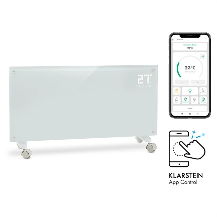 بخاری برقی هوشمند شیشه‌ای klarstein Bornholm Smart - مدل دیجیتال با کنترل وای‌فای و ترموستات لمسی